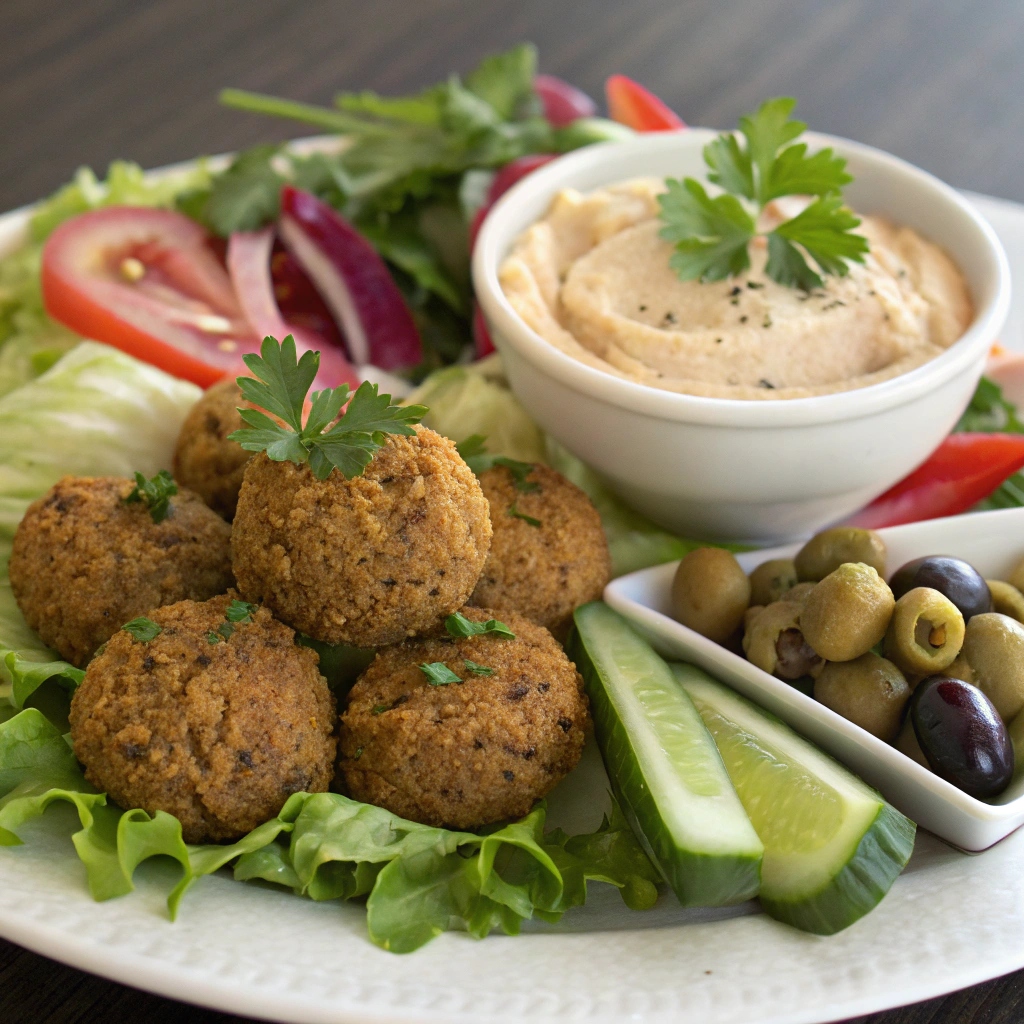  Falafel served with side salads, hummus, and pickled vegetables.