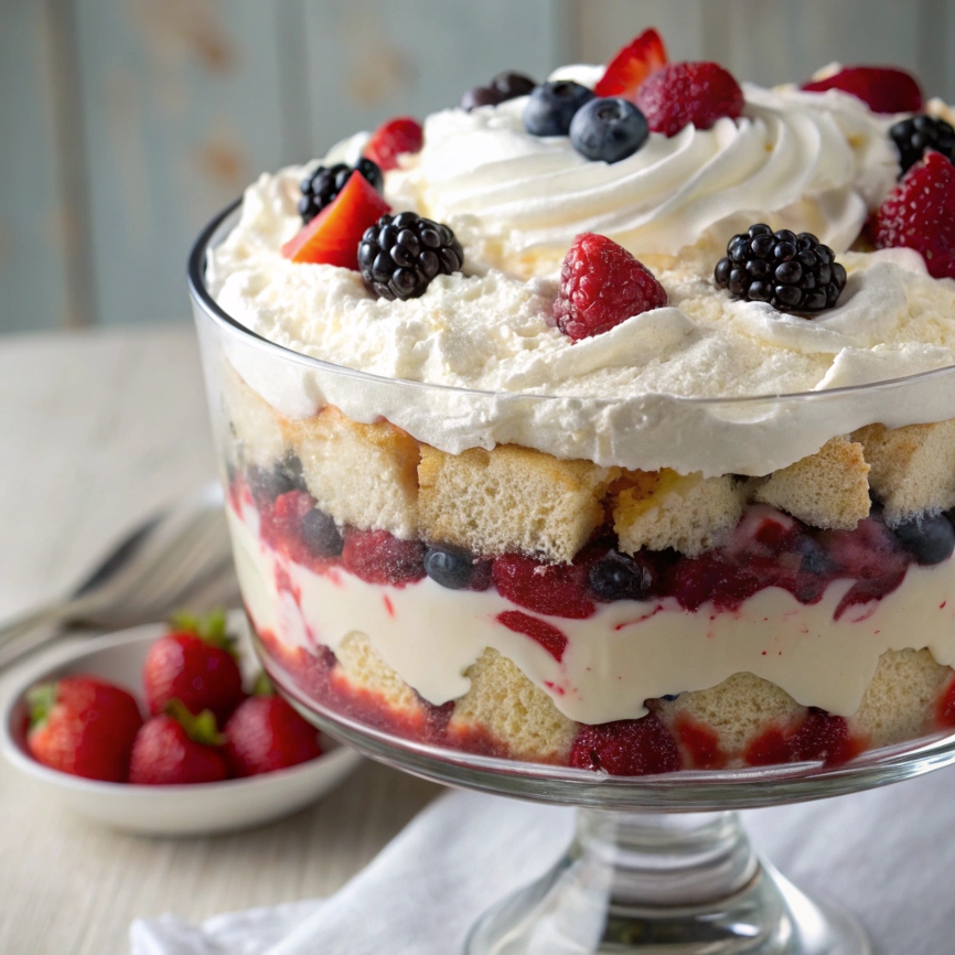  The finished patriotic berry trifle decorated with whole strawberries, blueberries, 