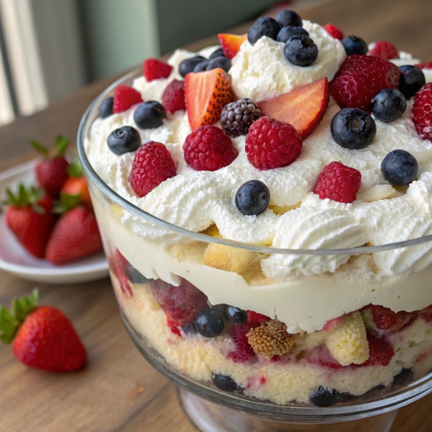 Fluffy whipped cream spread over the berries and cake in the trifle.