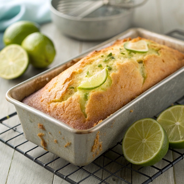 Freshly baked Key Lime Bread cooling in the loaf pan with a golden crust.