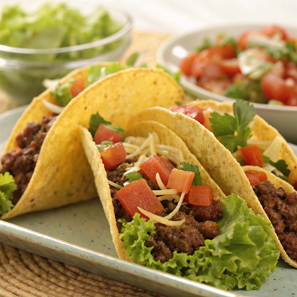 "Delicious classic beef tacos topped with fresh ingredients like salsa, avocado, and sour cream."