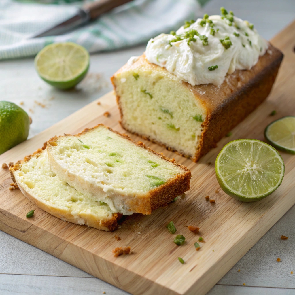 A close-up shot of a moist slice of Key Lime Bread with visible lime zest and a tender crumb.