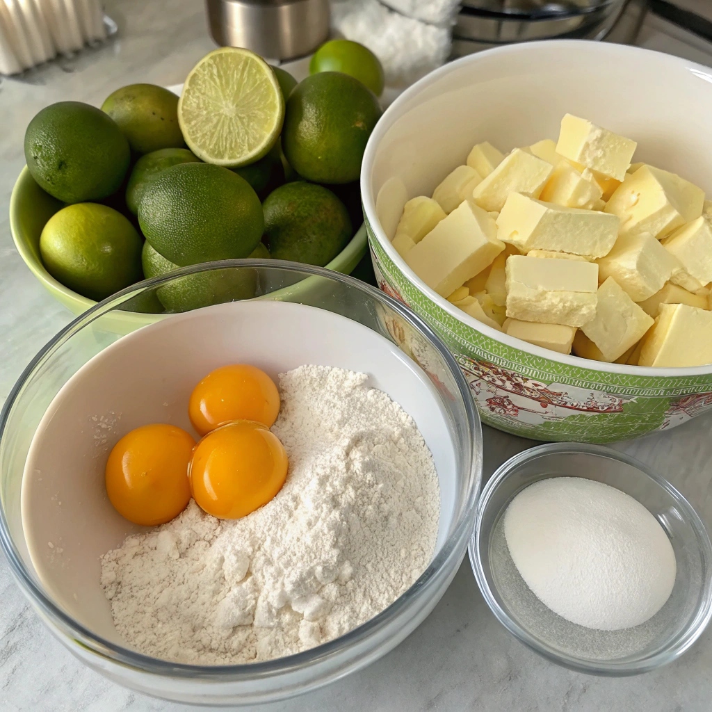 An overhead shot of all the fresh ingredients for Key Lime Bread recipe, including limes, flour, sugar, eggs, butter, and lime zest.
