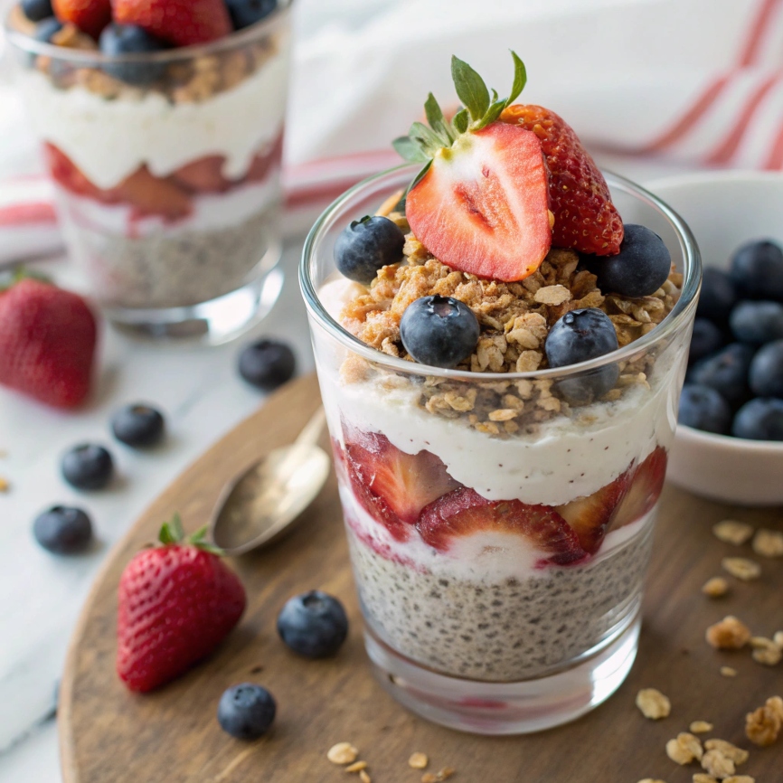 Layered chia pudding parfait with fresh strawberries, blueberries, granola, and whipped cream in a clear glass.