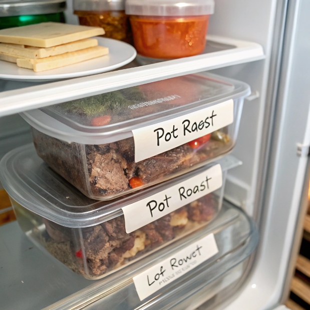 Leftover pot roast stored in airtight containers in the refrigerator
