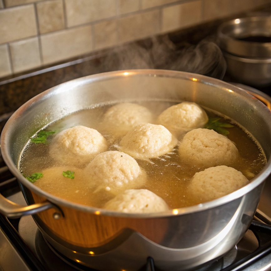 Matzo balls gently simmering in a large pot of boiling broth on the stove.