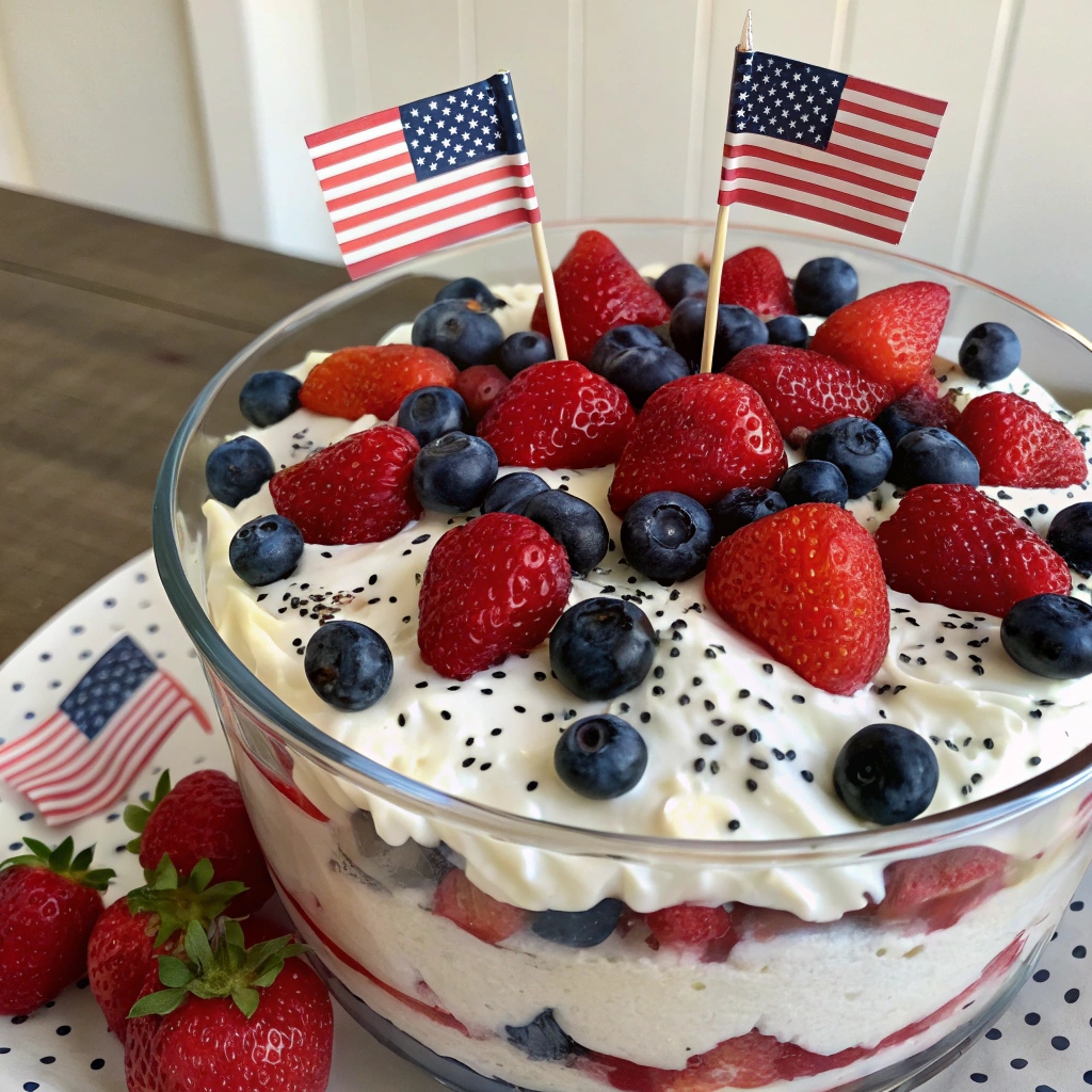 Close-up of layers in a patriotic berry trifle showing details of berries, cream, and cake.