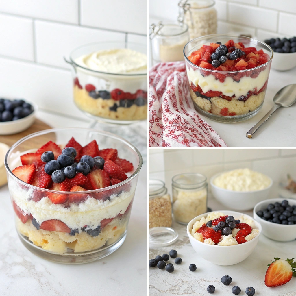 Layering sponge cake cubes and macerated berries in a glass trifle dish.