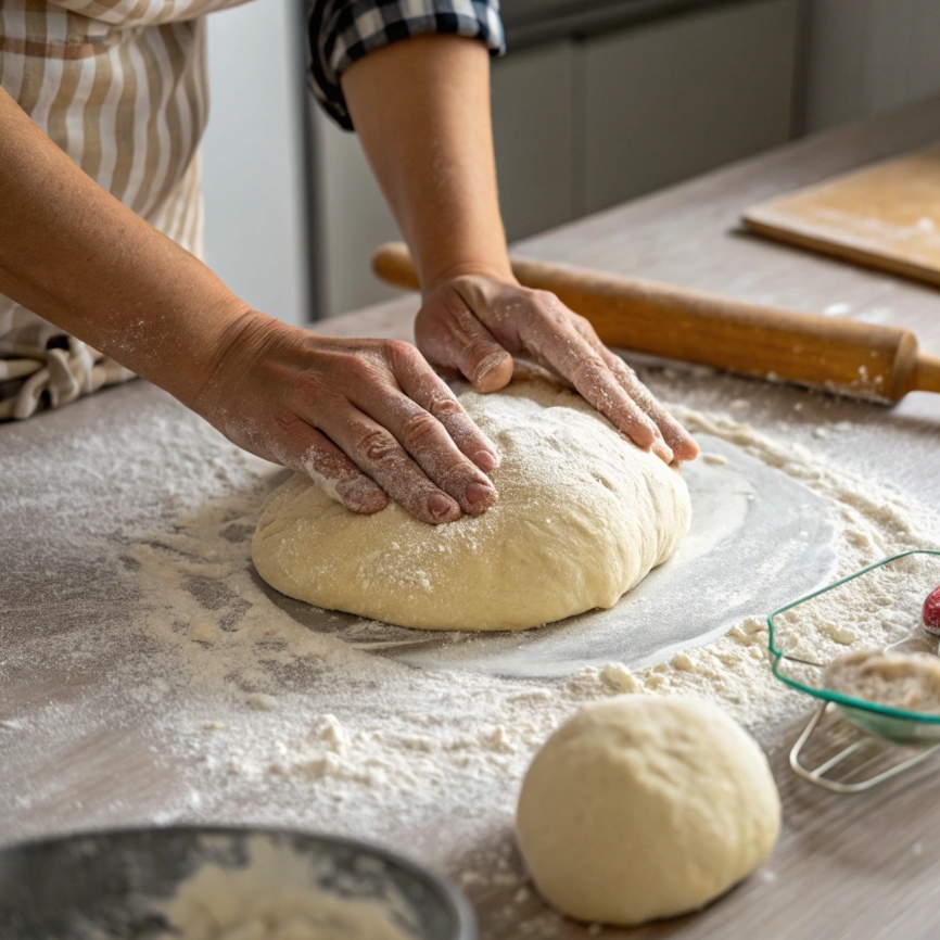 Shaping the risen dough into a round loaf on a parchment-lined baking sheet.