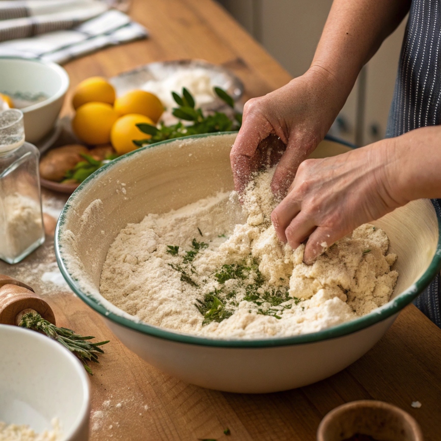Person kneading the dough on a floured surface until smooth and elastic.