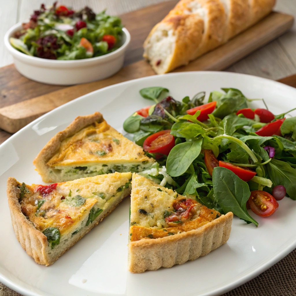 Quiche slices served alongside a mixed green salad and crusty bread.