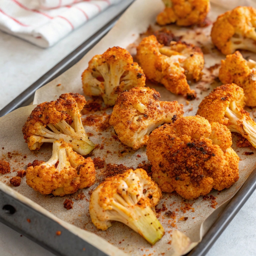 Roasted cauliflower florets coated in smoky paprika, cayenne, and cumin, arranged on a baking sheet with a sprinkle of spices.