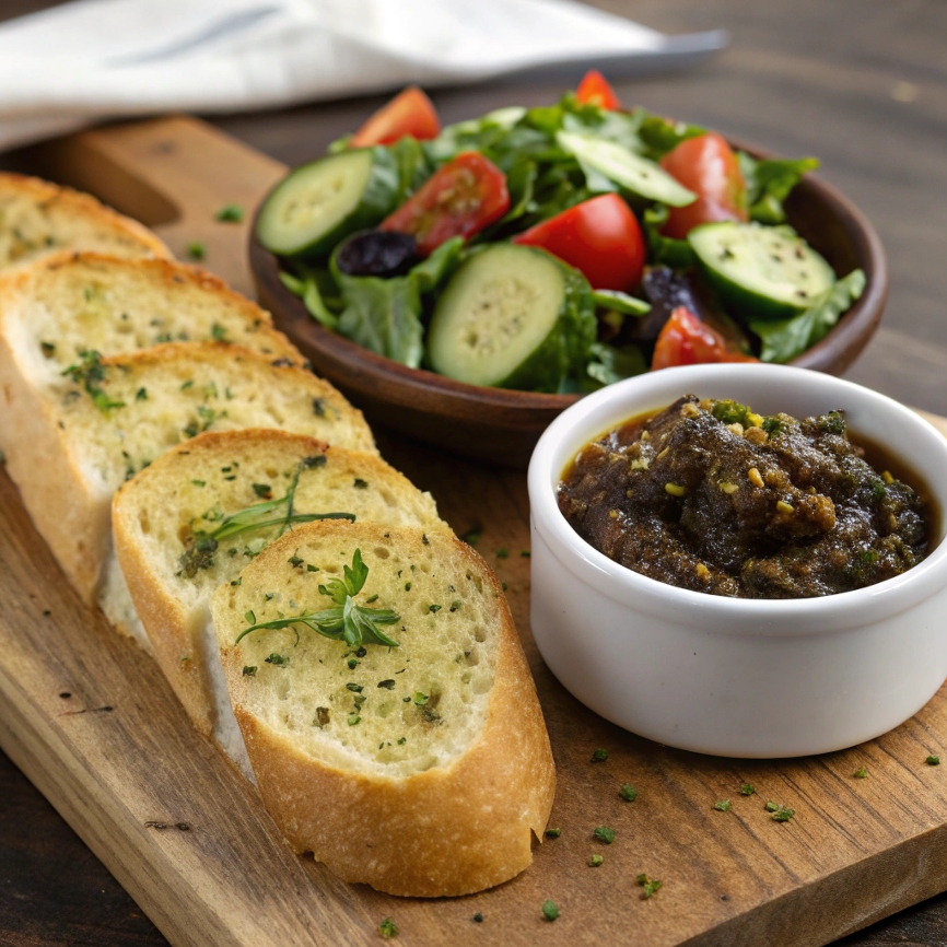 Rosemary-Garlic Bread served alongside olive tapenade and fresh salad.
