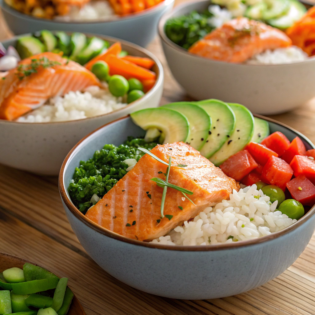 A colorful Salmon Rice Bowl with rice, cooked salmon, sliced vegetables, herbs, and sesame seeds.
