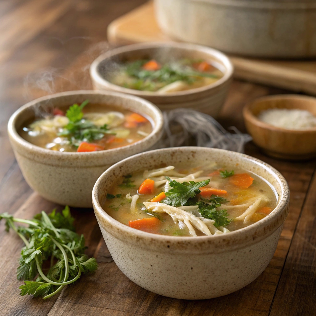 Several small, rustic bowls filled with steaming homemade chicken soup, garnished with fresh herbs.
