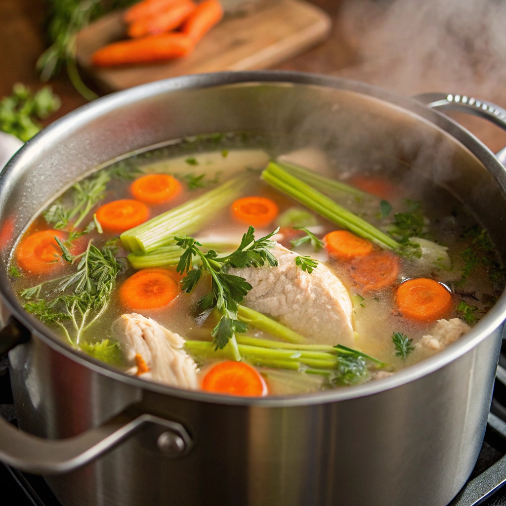 A steaming bowl of homemade chicken soup garnished with fresh parsley and lemon slices.