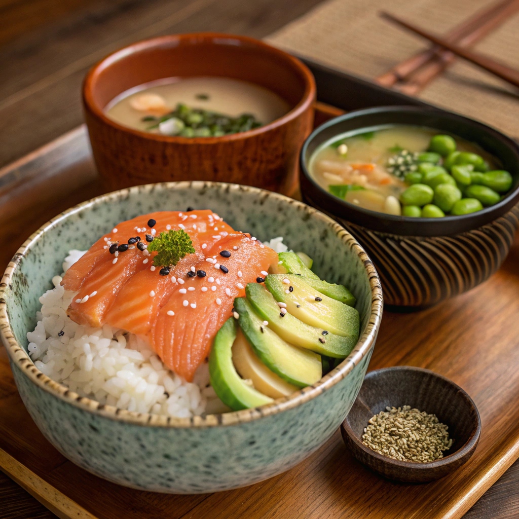 Side dishes like miso soup and edamame served alongside the Salmon Rice Bowl.