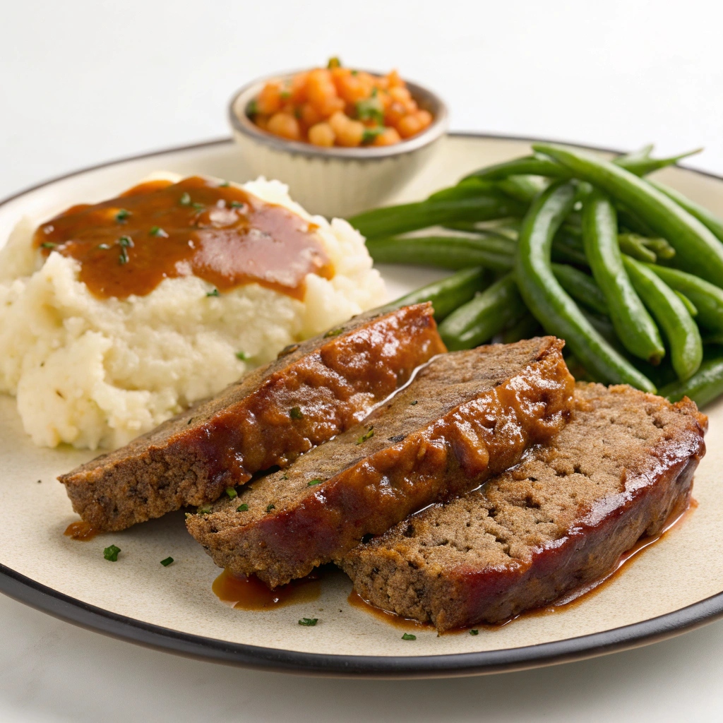  Slices of easy meatloaf served on a plate with mashed potatoes and green beans.