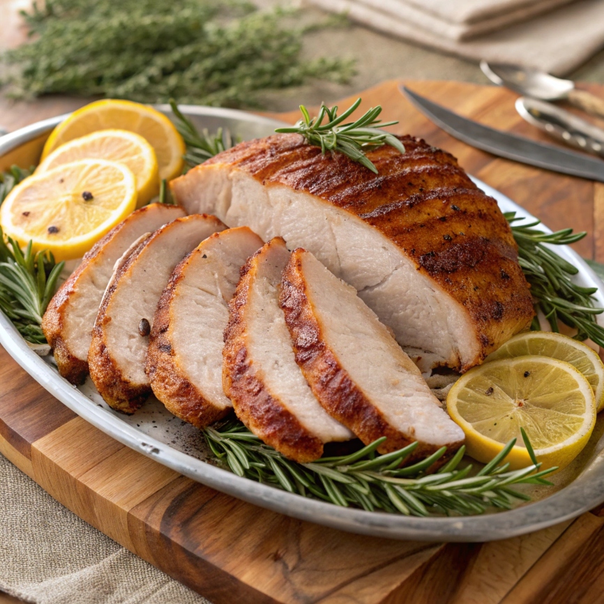 Slices of juicy roast turkey on a serving platter.