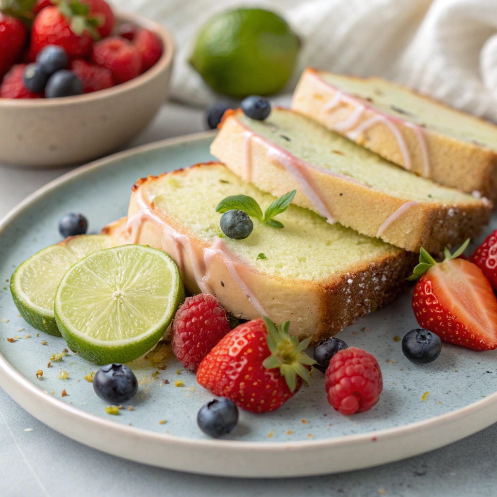 Slices of Key Lime Bread served on a plate, garnished with fresh strawberries, blueberries, and raspberries for a colorful presentation.