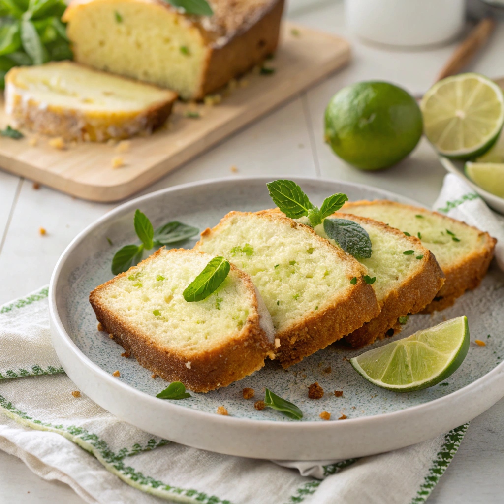 Slices of Key Lime Bread served on a plate, garnished with lime zest and fresh mint.