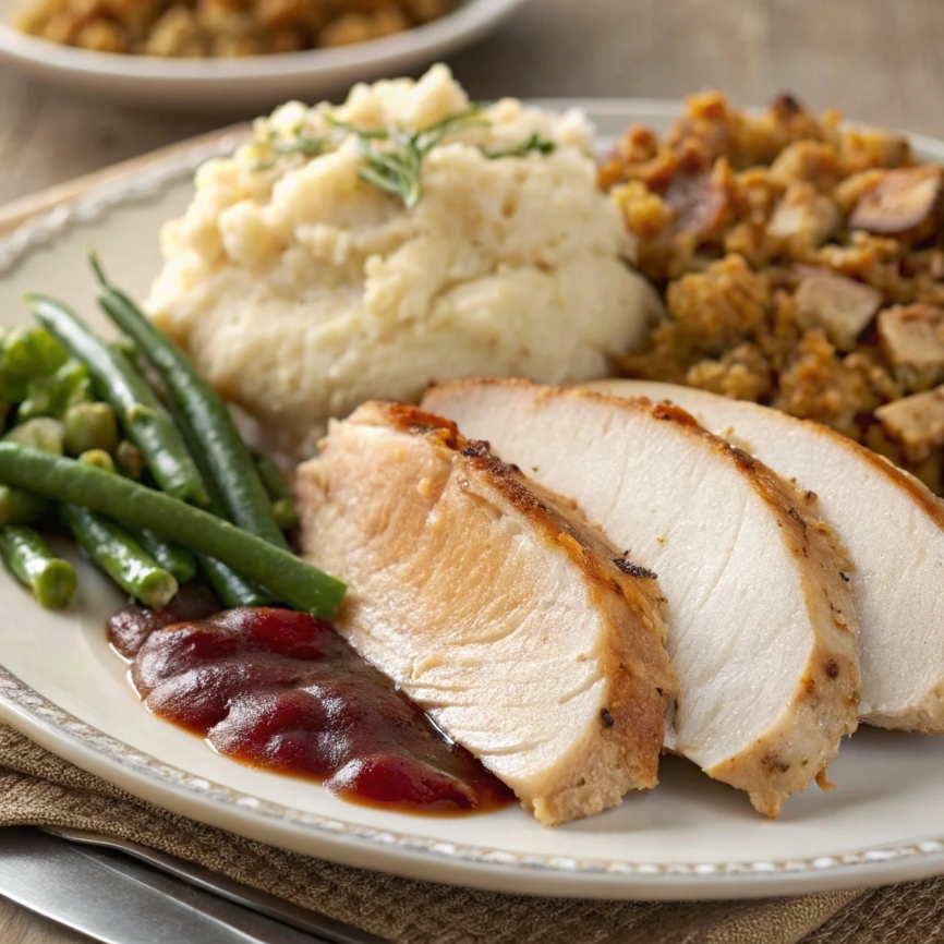 Slices of roast turkey served with mashed potatoes, green beans, and stuffing.