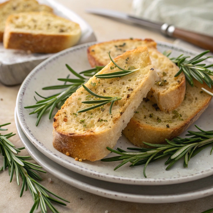 Slices of Rosemary-Garlic Bread served on a plate, garnished with rosemary sprigs.