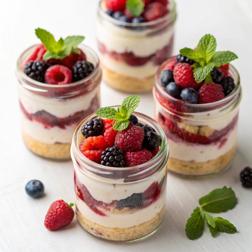  Small glass jars filled with layered berry trifle, garnished with berries and mint.
