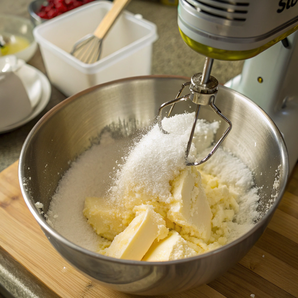 Softened butter and granulated sugar being creamed together with an electric mixer.