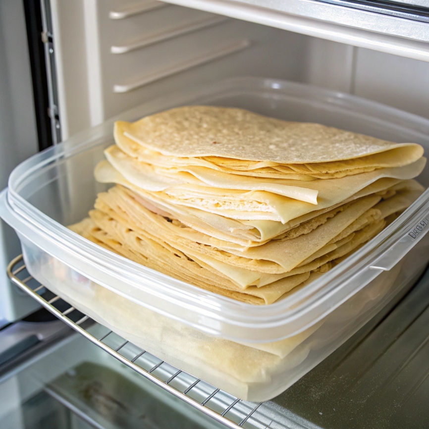 Stack of cooked Breakfast Crepes layered with parchment paper, stored in an airtight container in the refrigerator