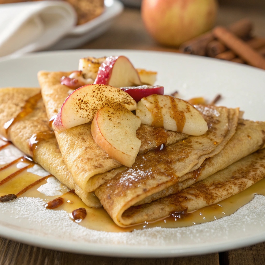Golden-brown apple cinnamon crepes drizzled with syrup and topped with sliced apples and a sprinkle of cinnamon