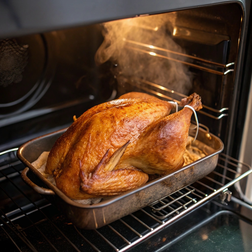 Whole turkey roasting in the oven on a baking rack at 325°F.