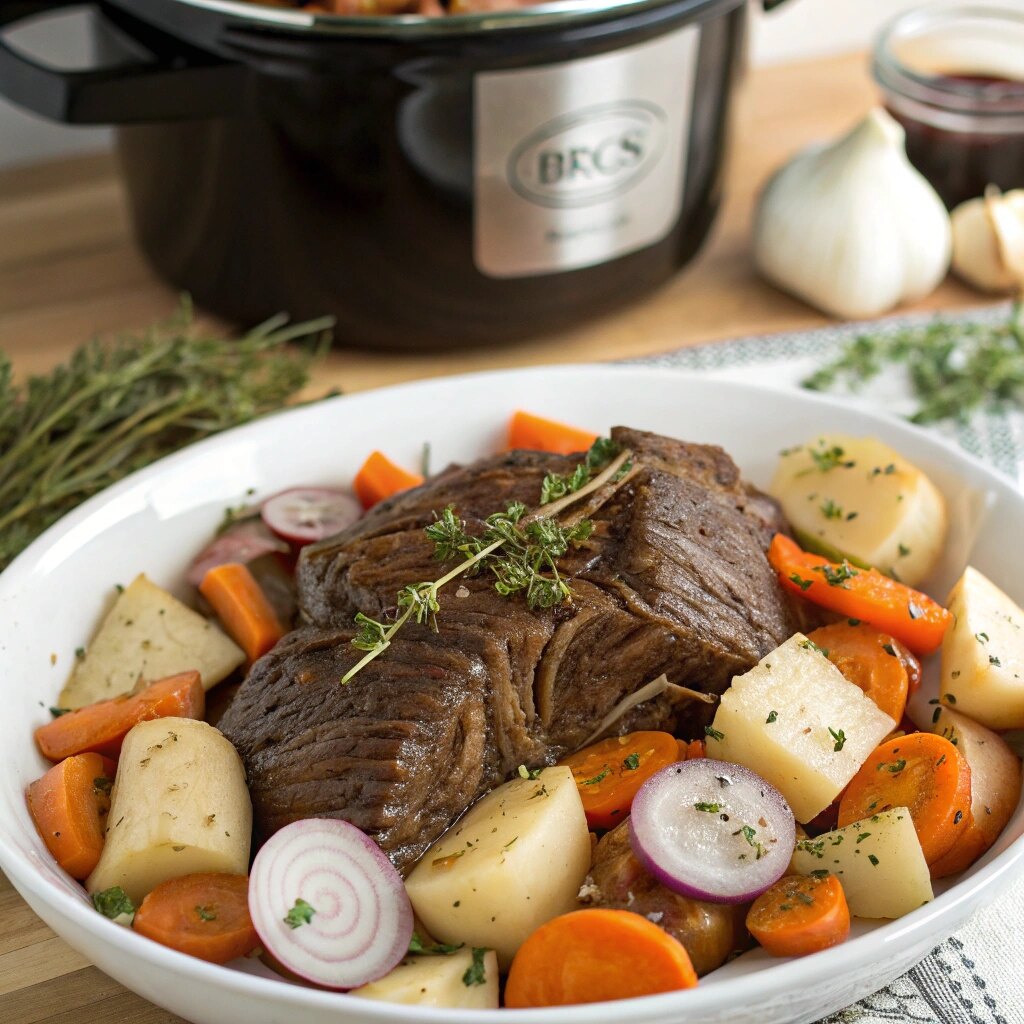 Classic slow cooker chuck roast served with tender carrots and potatoes in a rich, flavorful gravy