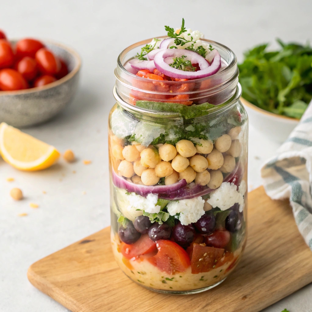 Colorful salad jars filled with fresh ingredients, ready for a healthy lunch.