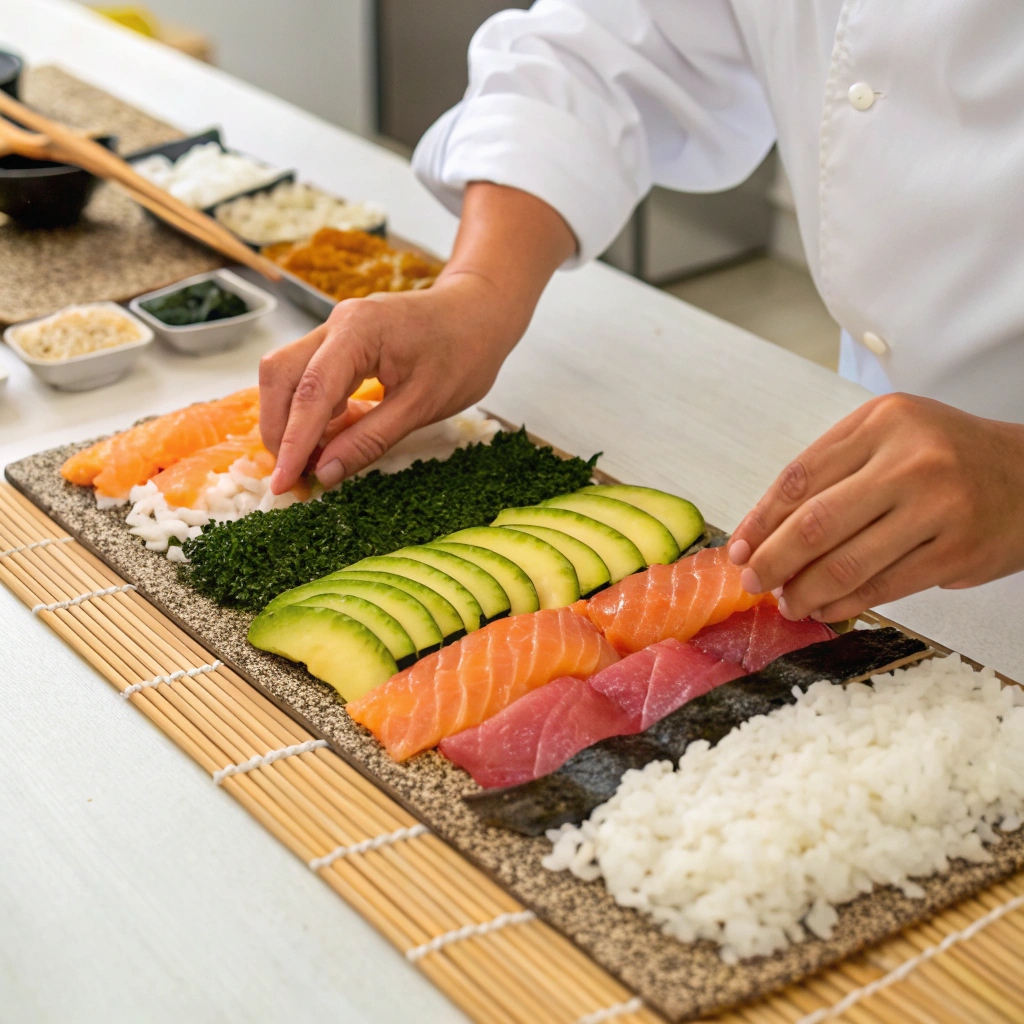 Creative Sushi Rolls on a plate, showcasing colorful ingredients and vibrant presentation.
