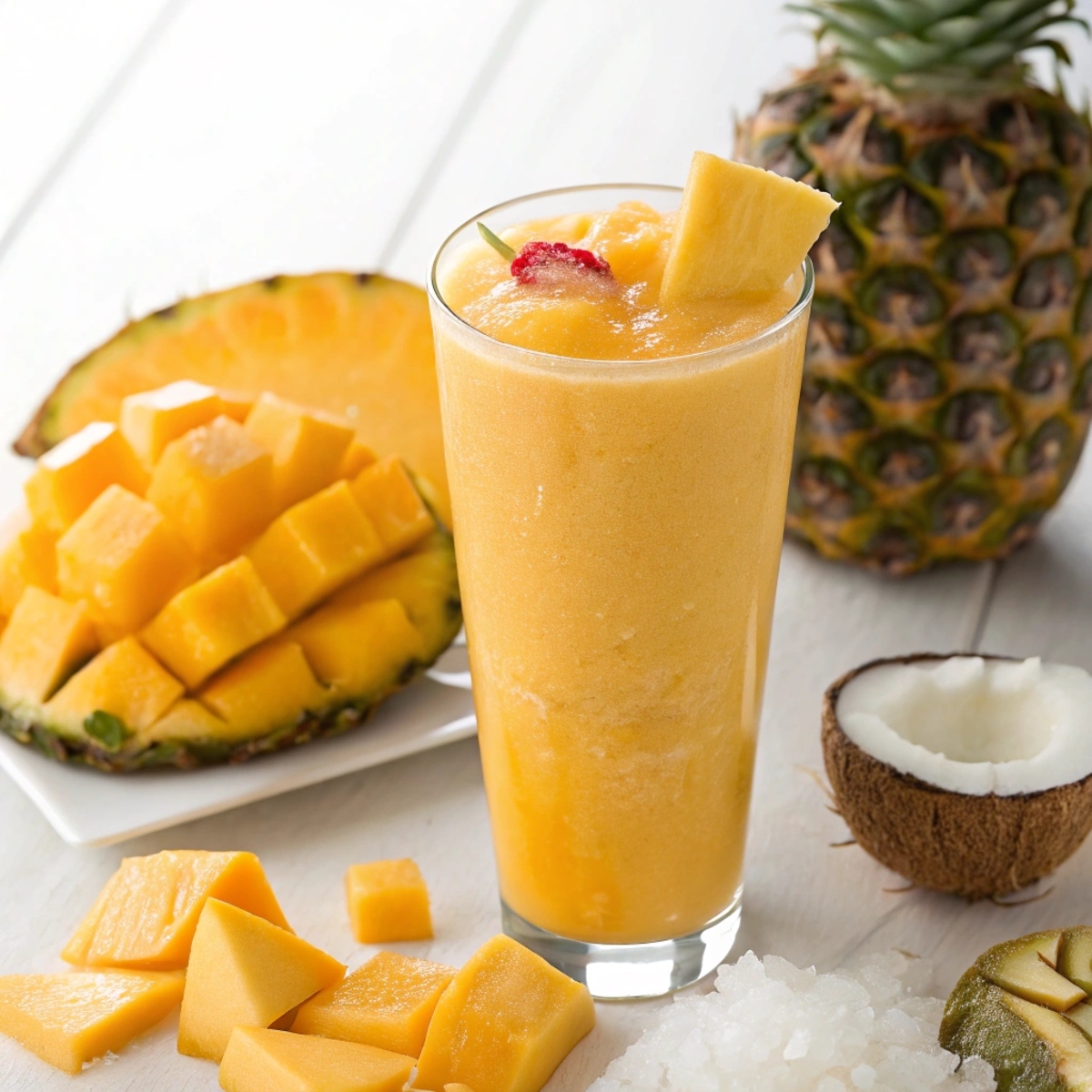 A tall glass of bright yellow pineapple smoothie garnished with a pineapple piece and cherry, surrounded by fresh pineapple slices, a halved coconut, kiwi slices, and sea salt, all set on a white surface with a ripe pineapple in the background.