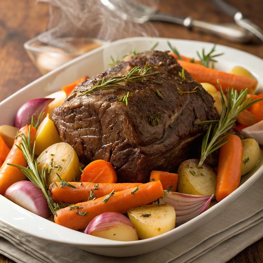 Oven-braised chuck roast recipes with tender carrots, potatoes, and onions in savory brown gravy