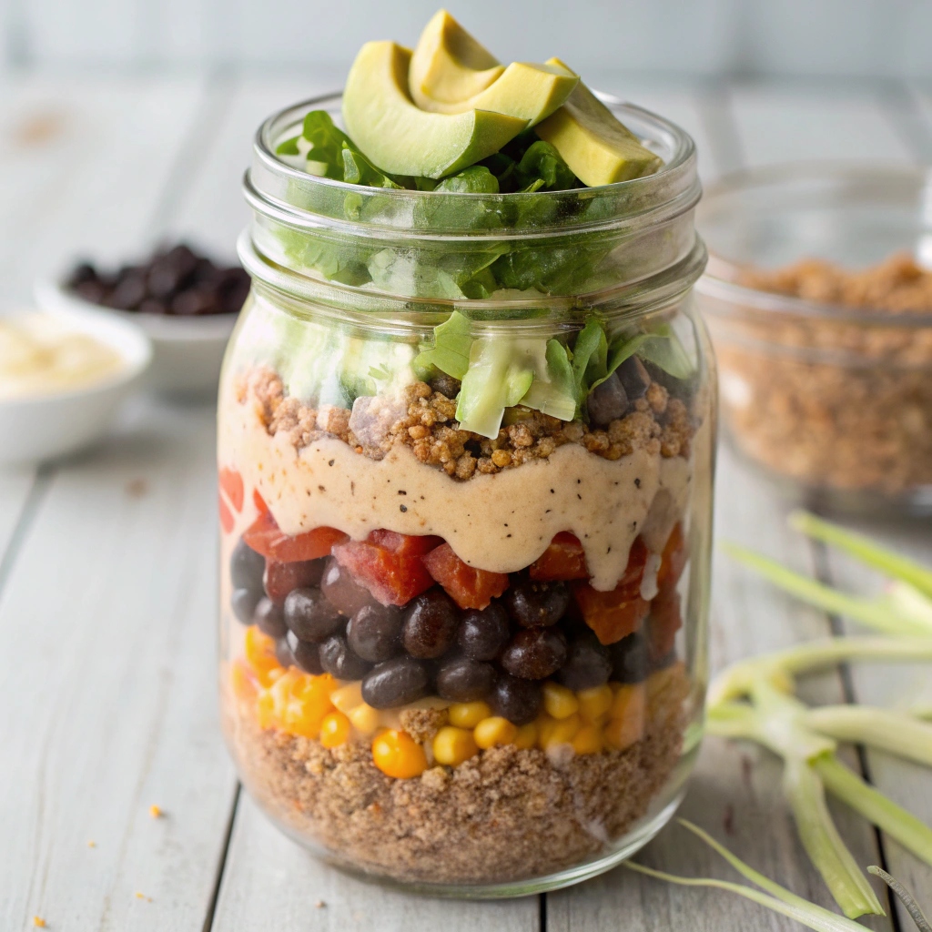 Colorful salad jars filled with fresh ingredients, ready for a healthy lunch.