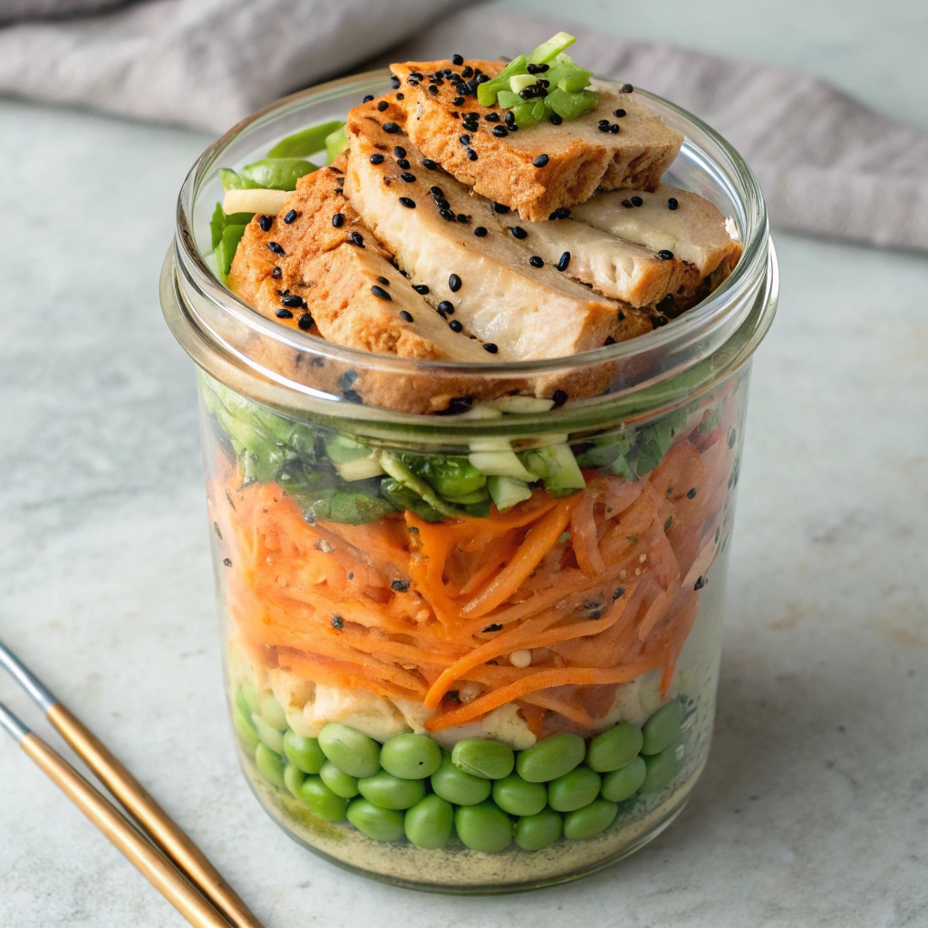 Colorful salad jars filled with fresh ingredients, ready for a healthy lunch.