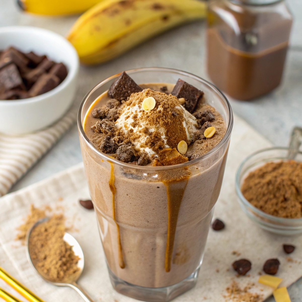 A tall glass of chocolate smoothie topped with chocolate chunks, cocoa powder, white chocolate chips, and caramel drizzle, surrounded by chocolate chunks, cookie crumbs, scattered chocolate chips, and a jar of chocolate spread, with bananas in the background.