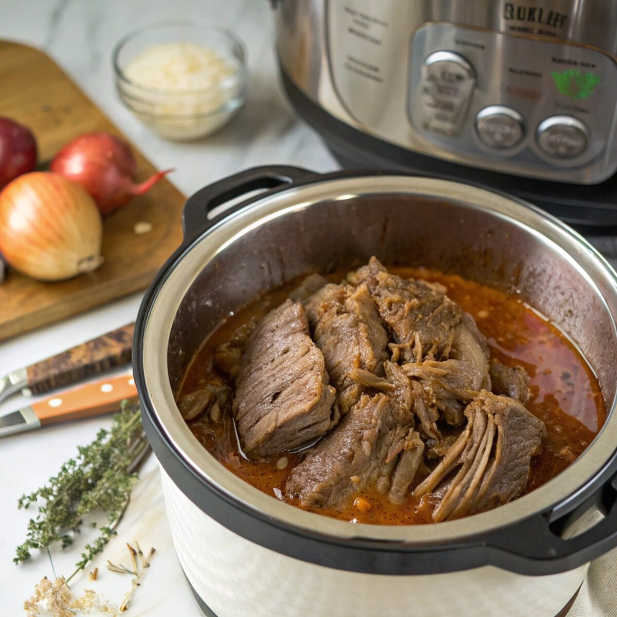 Oven-braised chuck roast served with carrots, potatoes, and onions in a rich gravy