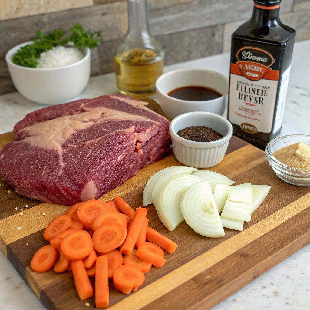 Assortment of raw ingredients for cooking chuck roast, including beef chuck roast, garlic, carrots, potatoes, onions, and herbs arranged on a kitchen countertop.