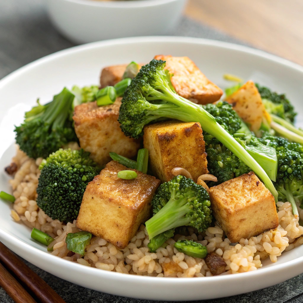Bright green broccoli and mixed vegetables stir-frying in sesame or olive oil with garlic and ginger.