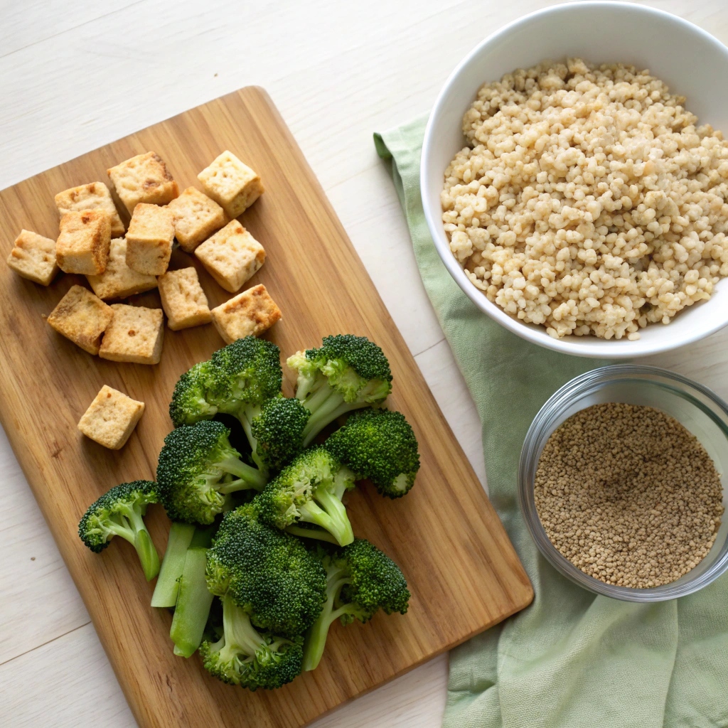 Assorted fresh ingredients including cubed tofu, broccoli florets, garlic, ginger, soy sauce, and cooked brown rice on a countertop.