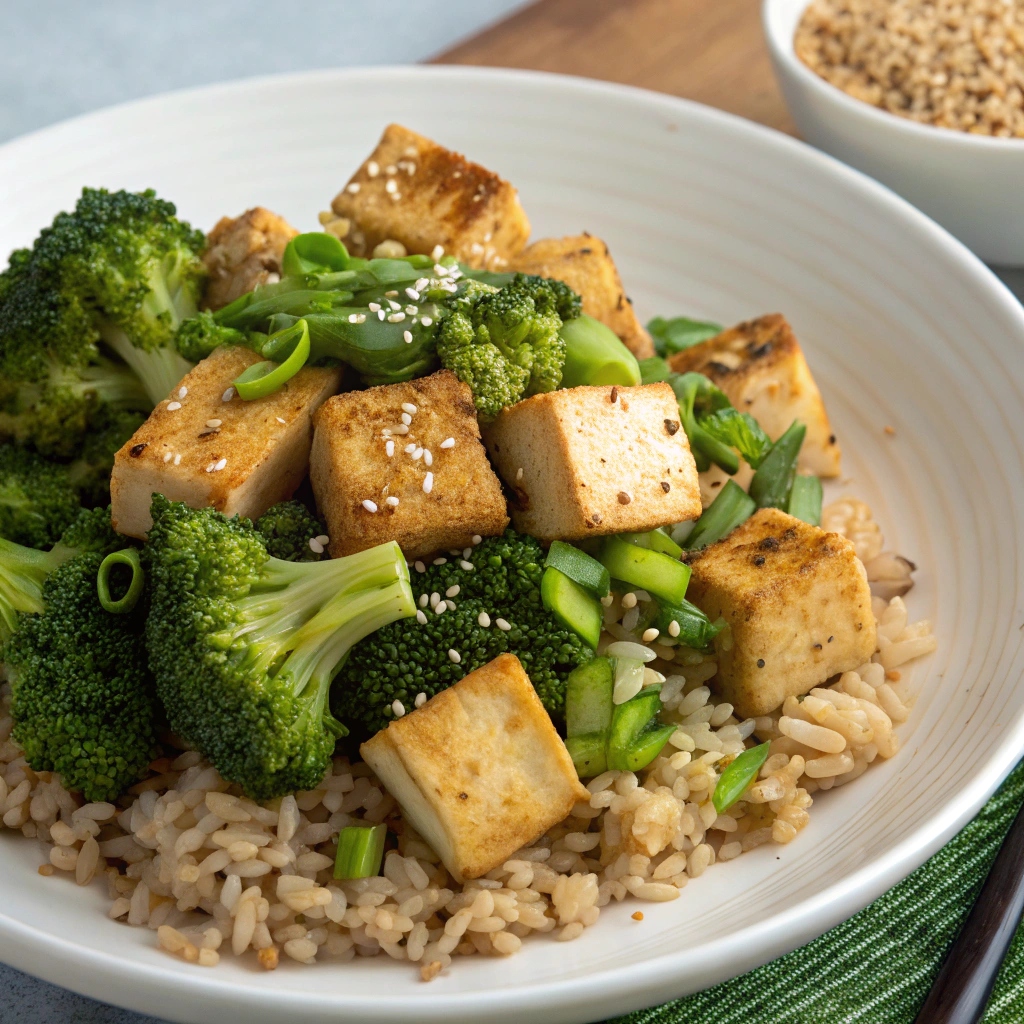 Tofu and vegetables stir-fried together, tossed with soy sauce and garnished with sesame seeds.