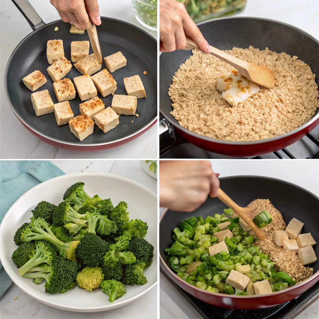Bright green broccoli and mixed vegetables stir-frying in sesame or olive oil with garlic and ginger.