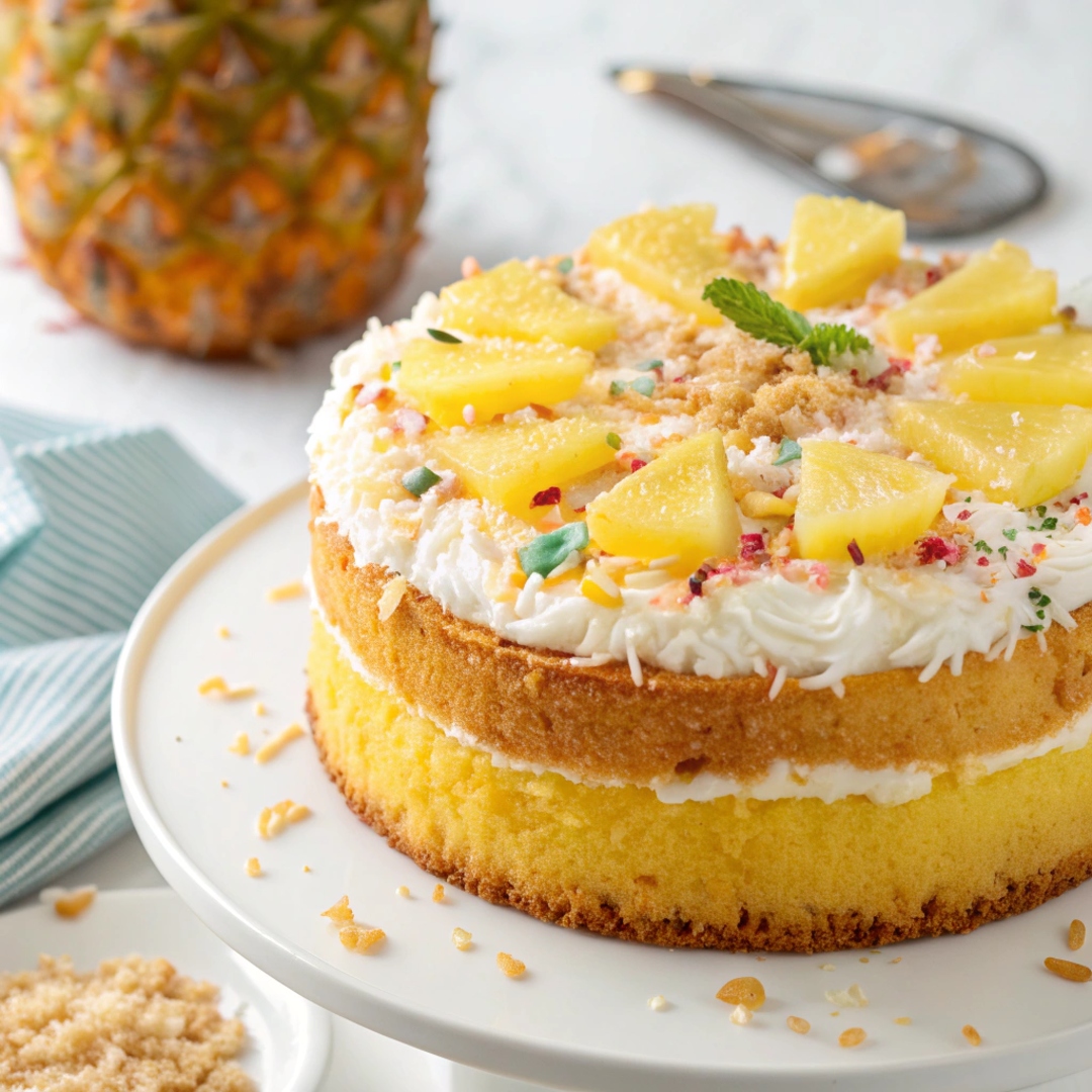 A beautifully decorated variation of pineapple cake topped with toasted coconut, pineapple slices, and colorful sprinkles.