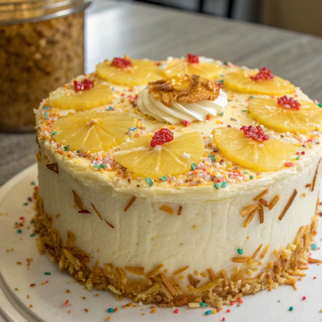 A finished pineapple cake decorated with fresh pineapple slices, whipped cream, and edible flowers on a decorative cake stand.