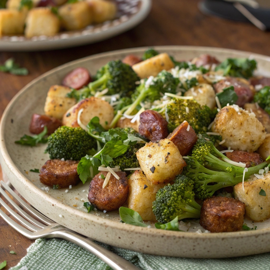 A creamy plate of golden roasted gnocchi and sausage topped with melted cheese, finished with a sprinkle of Parmesan and fresh herbs.
