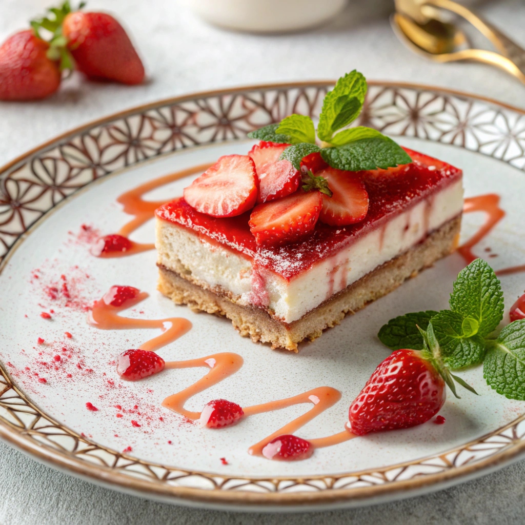 A close-up of a single slice of Strawberry Cheesecake Tiramisu on a rustic plate, topped with a fresh strawberry and a sprig of mint, with the layers clearly visible.